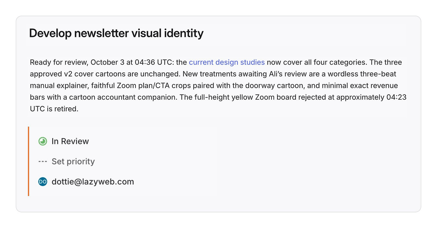 Excerpts from Dottie’s real Linear design ticket, showing its review status and her assigned account.