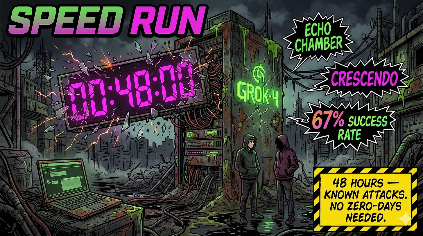 Grok-4 jailbreak NeuralTrust Echo Chamber Crescendo multi-turn attack LLM guardrail bypass xAI safety failure 48 hours after release