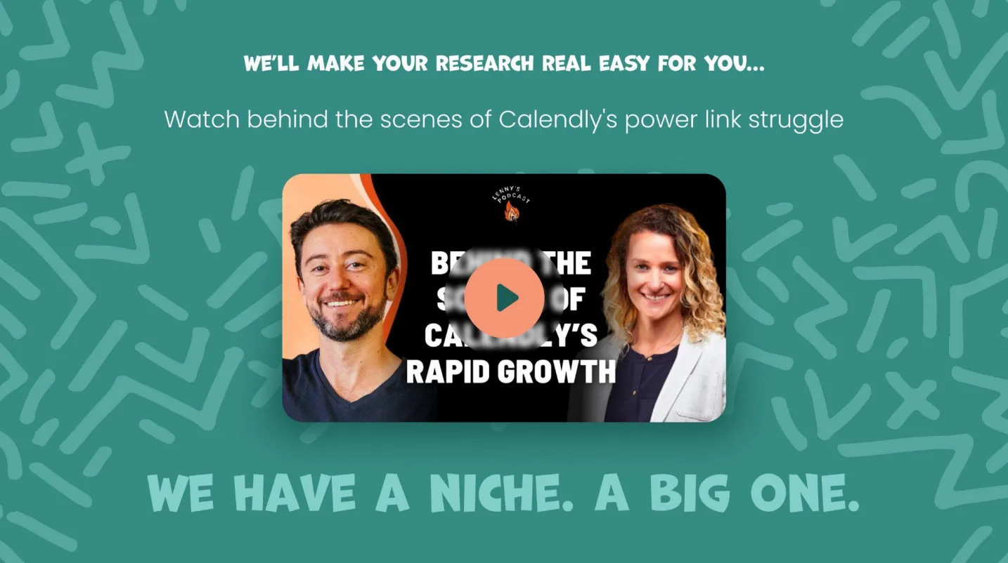 Slide featuring Lenny Rachitsky interviewing Calendly founder and commentary on market struggles, reinforcing Meet-Ting’s differentiation.