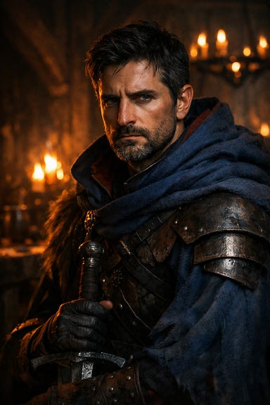 Fleetwood portrait in Soldav Longhouse, brooding warrior with storm‑blue cloak and firelit shadows