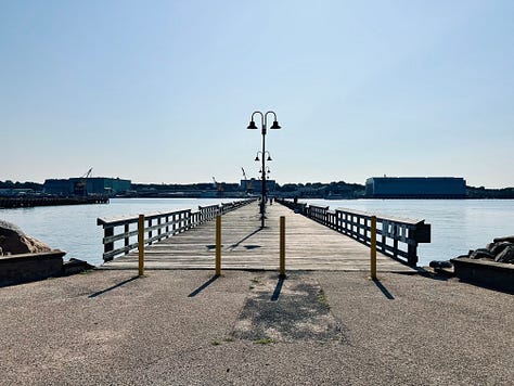 pier, pole, railing, water, sky