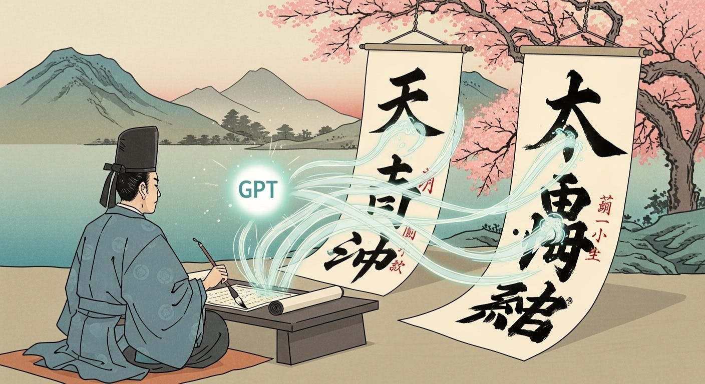 Ilustración japonesa ukiyo-e de un erudito que entrega un prompt básico a una máquina GPT, que lo transforma en un prompt optimizado y detallado.