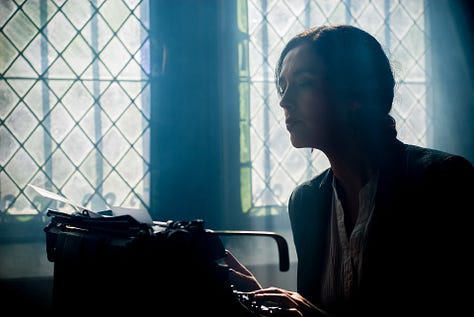 Different images of people writing or typing on a laptop or typewriter.