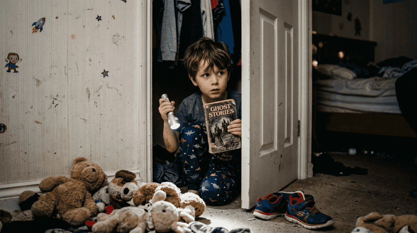 Boy peeking from closet holding flashlight Boy peeking from closet holding flashlight