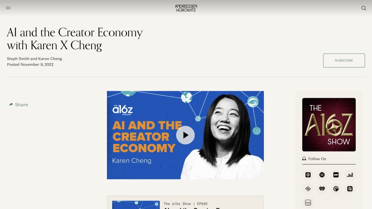 Karen X Cheng featured in the a16z podcast AI and the Creator Economy Karen X Cheng featured in the a16z podcast AI and the Creator Economy