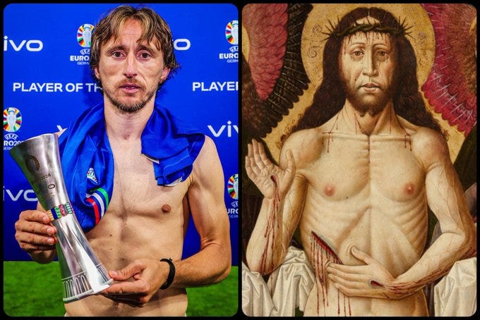 On the left, Luka Modric, a shirtless soccer player with tears in his eyes, holding a silver UEFA Man of the Match trophy. The right side of the split image is a medieval photo of Jesus with a crown of thorns and gash in his side. On the left, Luka Modric, a shirtless soccer player with tears in his eyes, holding a silver UEFA Man of the Match trophy. The right side of the split image is a medieval photo of Jesus with a crown of thorns and gash in his side.