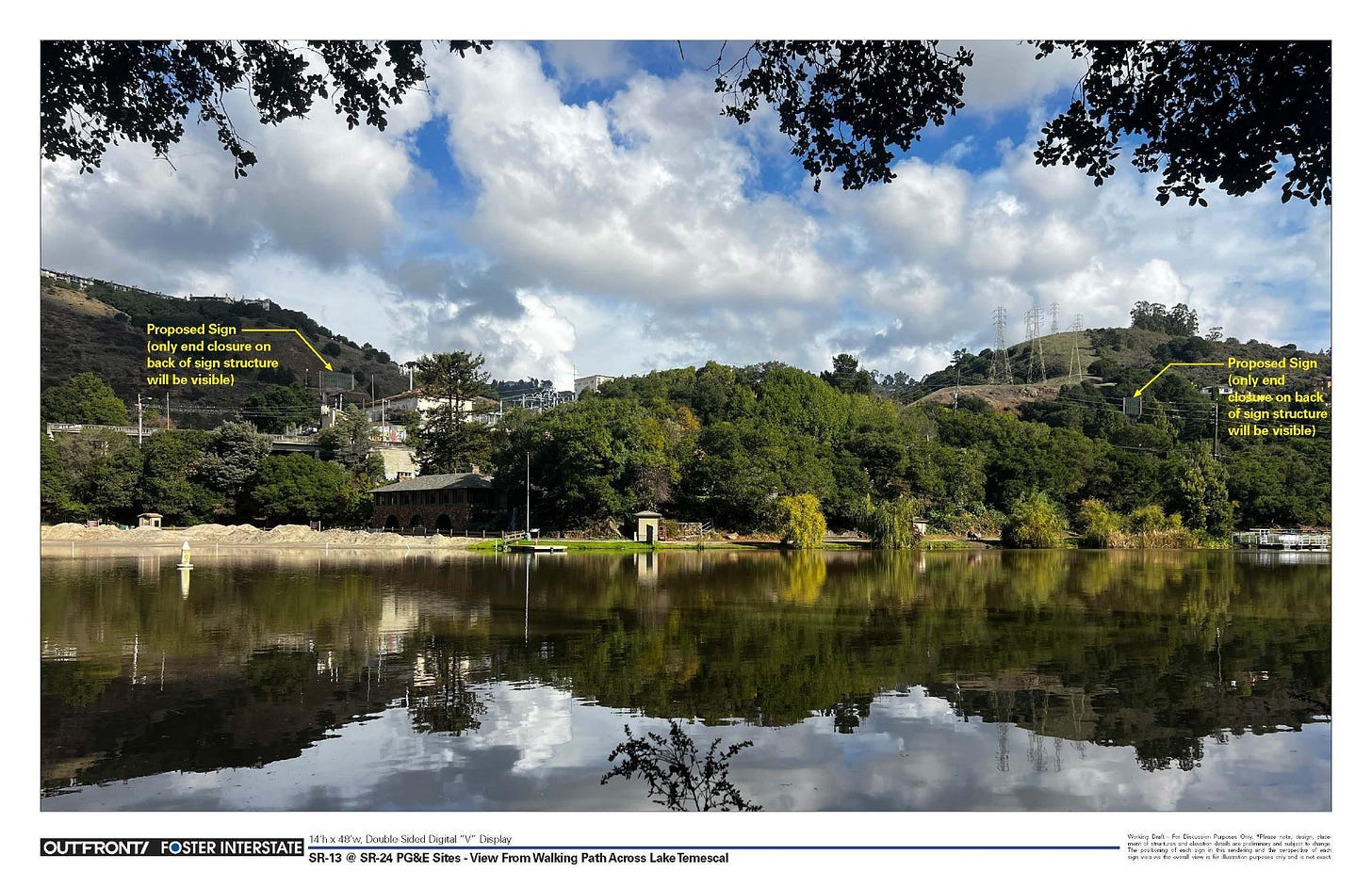 The real rendering of what potential billboards would look like along Highway 24 and Highway 13 near Lake Temescal. (Image source: Outfront)