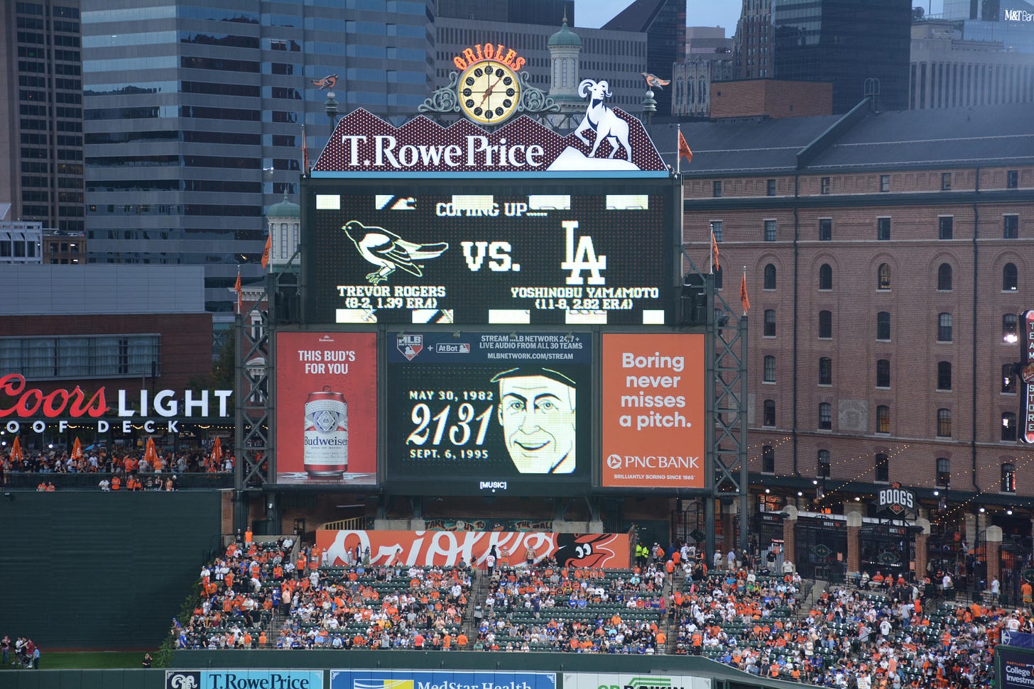 The scoreboard with pitchers Trevor Rodgers (8-2, 1.39 ERA) and Yoshinobu Yamamoto (11-8, 2.82 ERA)