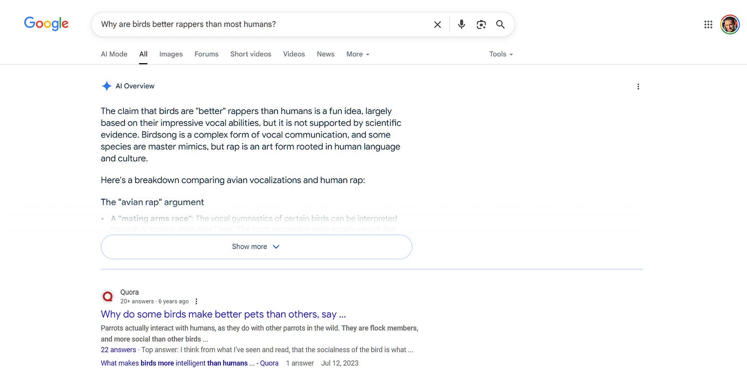 "Why are birds better rappers than most humans?" search with an AI Overview