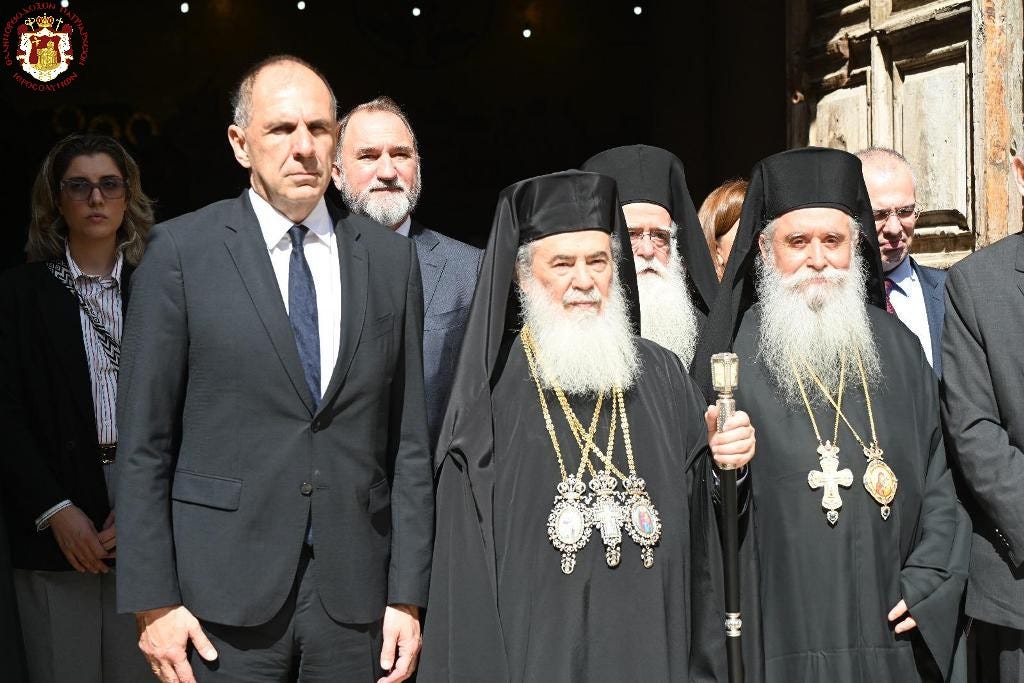 New Archbishop of Sinai Symeon (right) and Greek foreign minister Giorgos Gerapetritis (left); Source Patriarchate of Jerusalem New Archbishop of Sinai Symeon (right) and Greek foreign minister Giorgos Gerapetritis (left); Source Patriarchate of Jerusalem