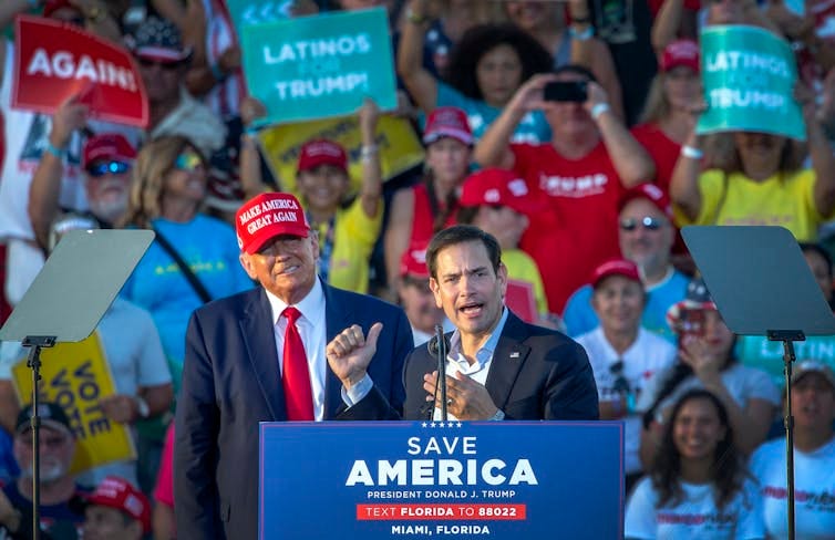 Donald Trump tands behind Republican senator Marco Rubio as Rubio speaks a t a campaignrally 2022. Donald Trump tands behind Republican senator Marco Rubio as Rubio speaks a t a campaignrally 2022.