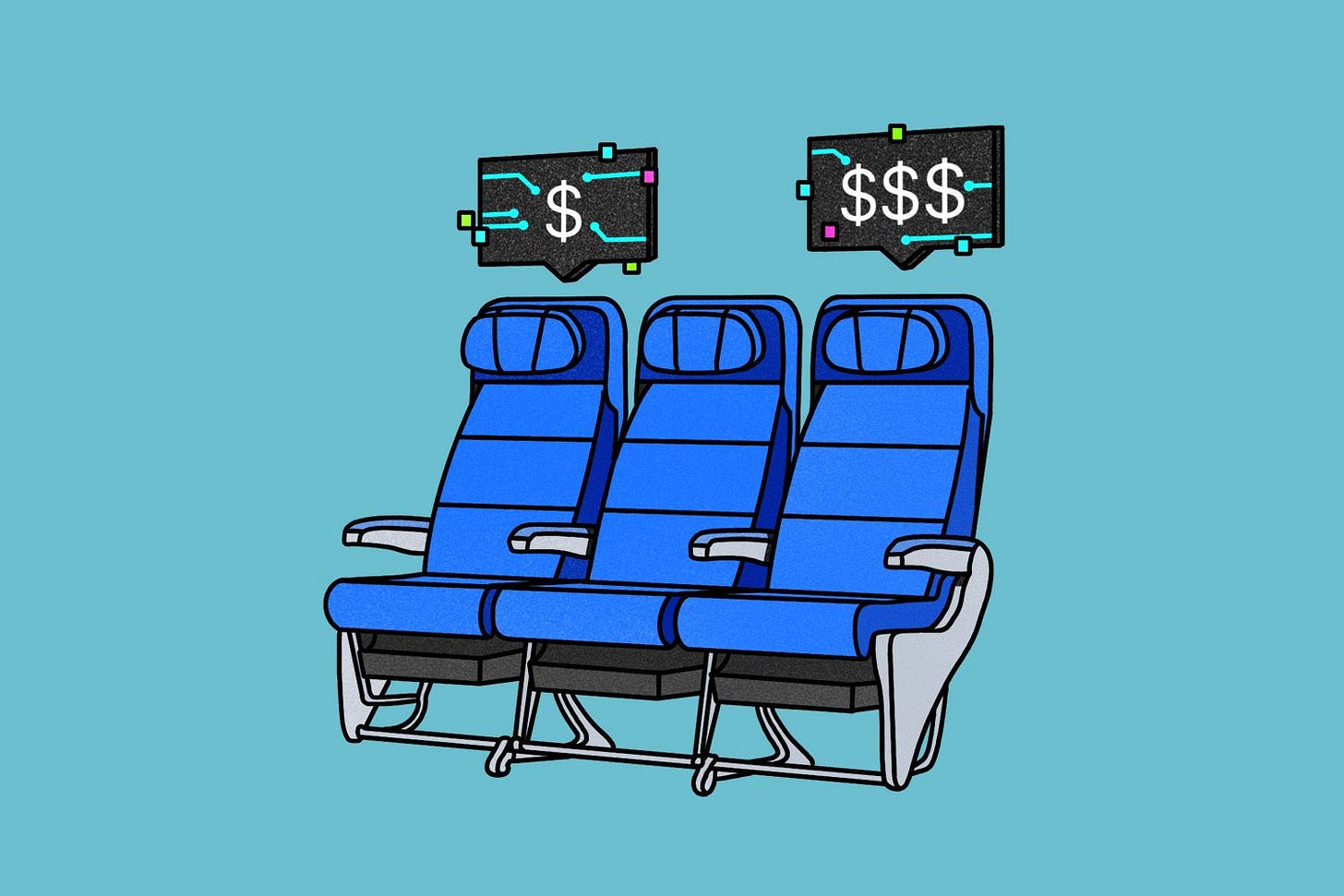 A row of plane seats with different prices.