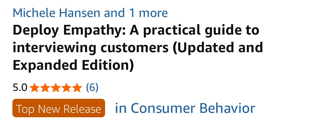 An Amazon product page screenshot for the book Deploy Empathy showing that it's the Top New Release in Consumer Behavior
