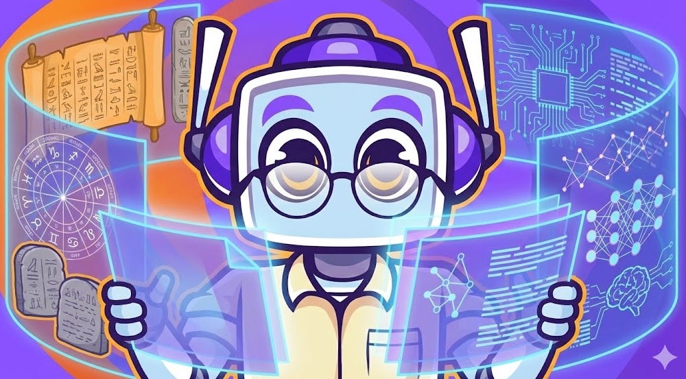 The Neuralbuddy robot character, with its signature purple headphones and glasses, is shown reviewing holographic displays that contrast ancient knowledge systems, such as scrolls and zodiac charts, with modern artificial intelligence concepts like circuit boards and neural networks.
