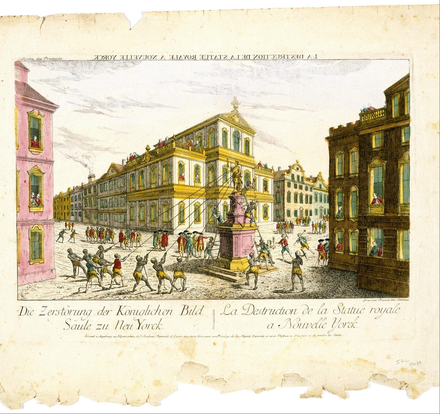 French print showing the destruction of the Royal statue in New York. 