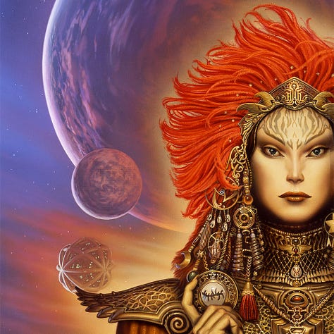 LEFT: Detail from THE WILDING a woman wearing an ornate headdress. Thick red tufts rise above a bronze tiara like a regal mane to match flame-like tattoos covering her forehead. An assortment of jewels, baubles, and tassels hang from the headpiece. CENTER: Close detail from THE WILDING featuring the ornate gorget and shoulder piece that flares like a wing. The decorative filigree gives it more the appearance of jewelry than armor. In her hand she holds a large token, the border filled with five-pointed stars wrought in bronze on black. At the center is a bulbous pearl with a flowing alien cursive script. RIGHT: Close detail from THE WILDING featuring a clouded moon and artificial satellite over the shoulder of the central figure. Metal bands spider-web round the latter. Green glowing lights hint of technology at the core.