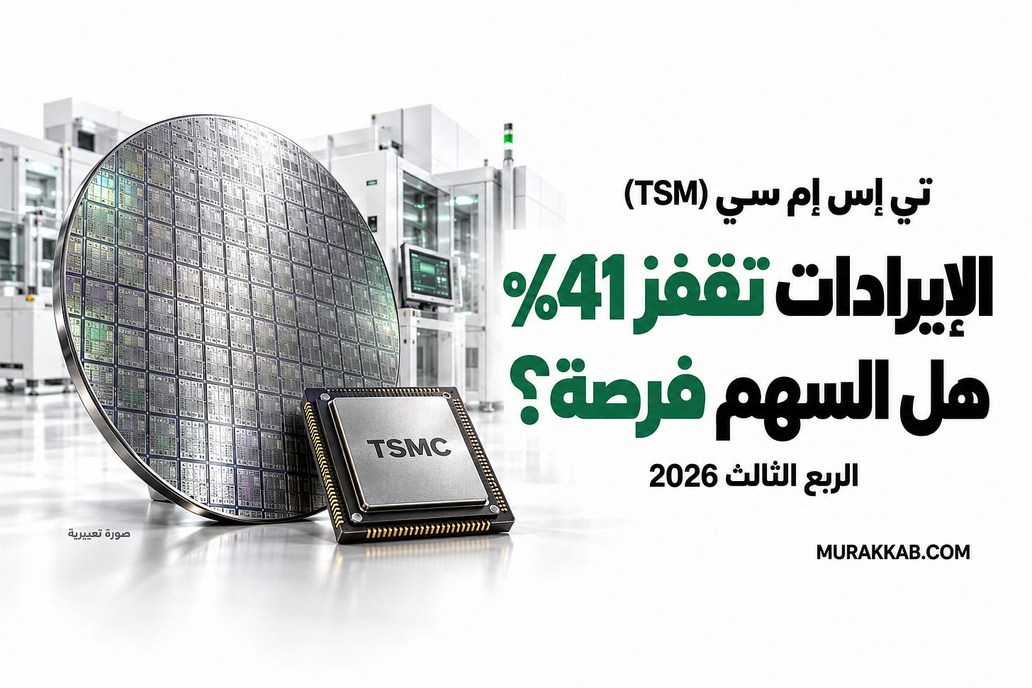 غلاف تي إس إم سي: الإيرادات تقفز 41% في الربع الثالث 2026، فهل السهم فرصة؟ صورة تعبيرية لرقاقة سيليكون ومعدات تصنيع.