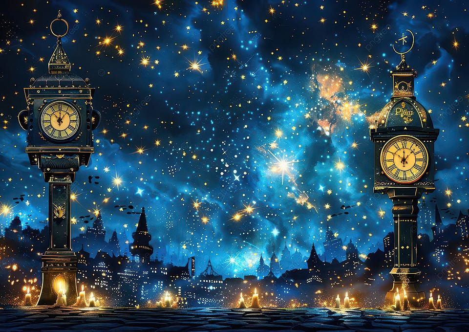 A Surreal Cityscape With Two Ornate Clocks Under Starry Night Sky Background,  Clocks, Night, Stars Background Image And Wallpaper for Free Download