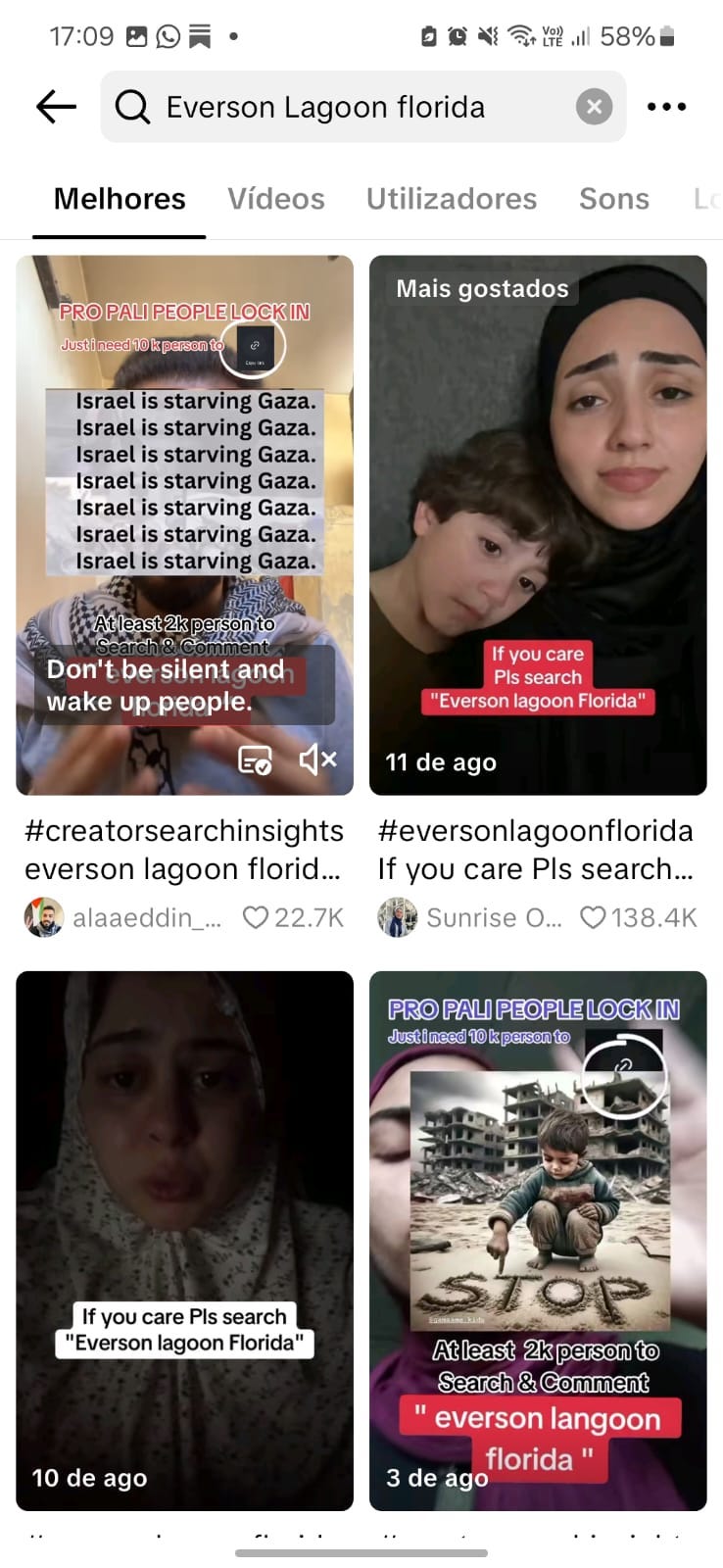 print da página de busca do tiktok, com a buscar "everson lagoon florida". aparece a chamada de quatro vídeos, todos com a temática de gaza e pedidos de ajuda