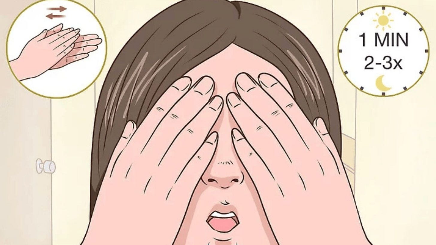 Woman sitting comfortably with palms gently covering her closed eyes demonstrating the palming relaxation technique for eye strain relief