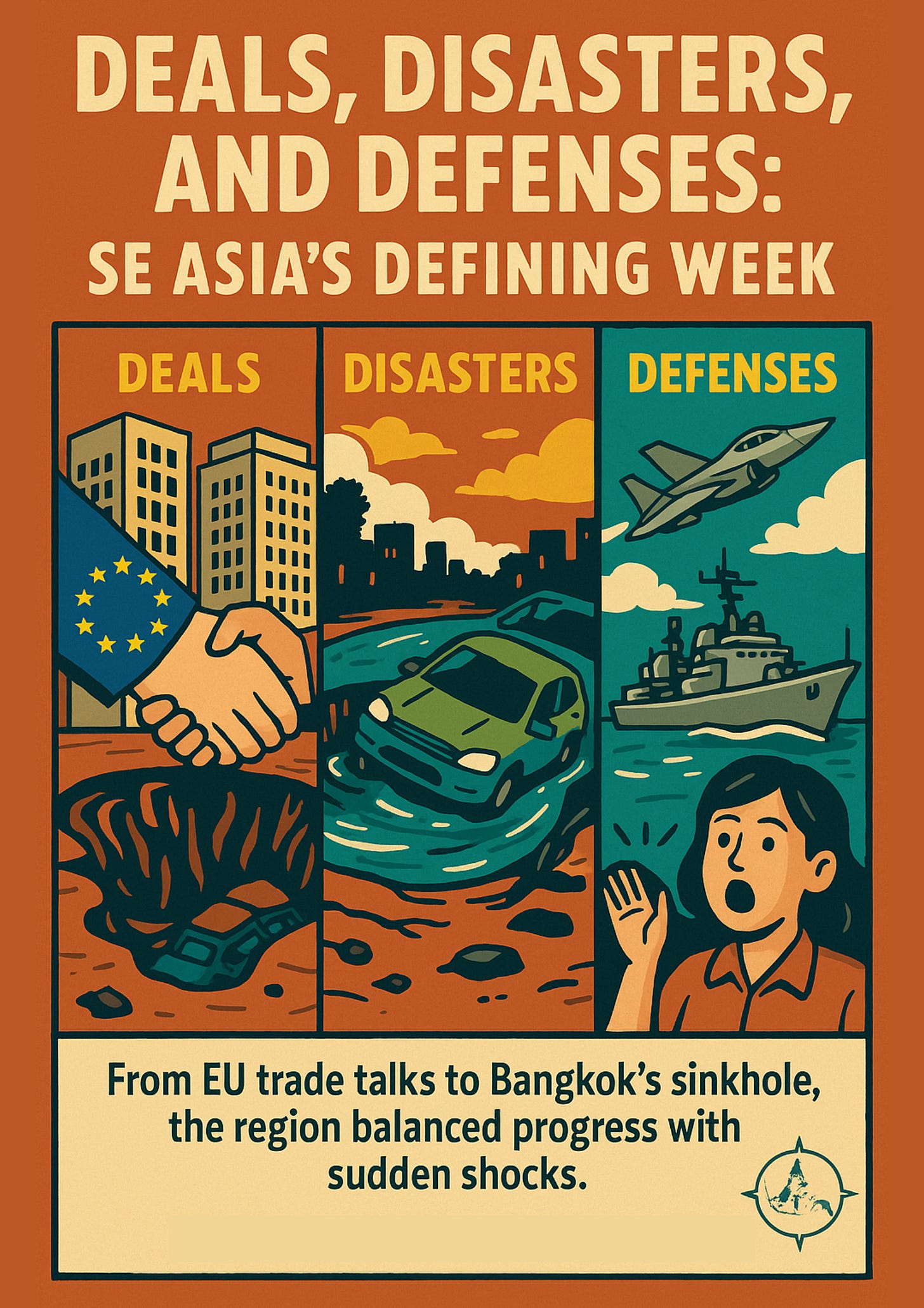 "Collage of Southeast Asia news highlights: Indonesia–EU CEPA signing, Bangkok sinkhole, KRI Brawijaya-320 frigate, Bali flood relief."