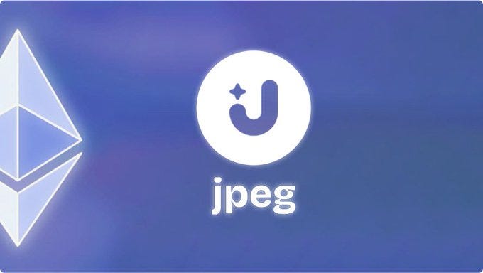 A stylized logo with a blue diamond shape on the left and a white circle containing a blue stylized "j" with a star on the right. Below the circle, the word "jpeg" is written in lowercase white letters. The background is a gradient of blue shades.