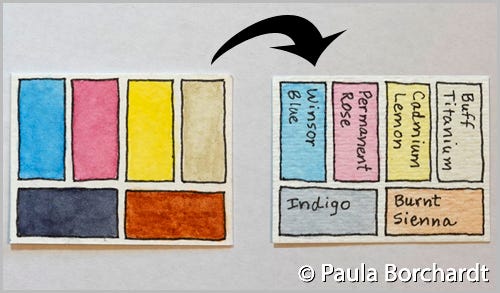 The front and back of my swatch card showing the colors I have in my teeny tiny palette
