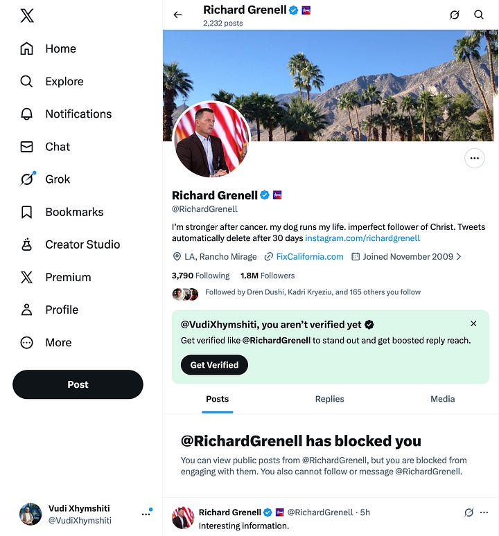 Pamje nga Postimi në X i Richard Grenell, 7 Mars, 2026.