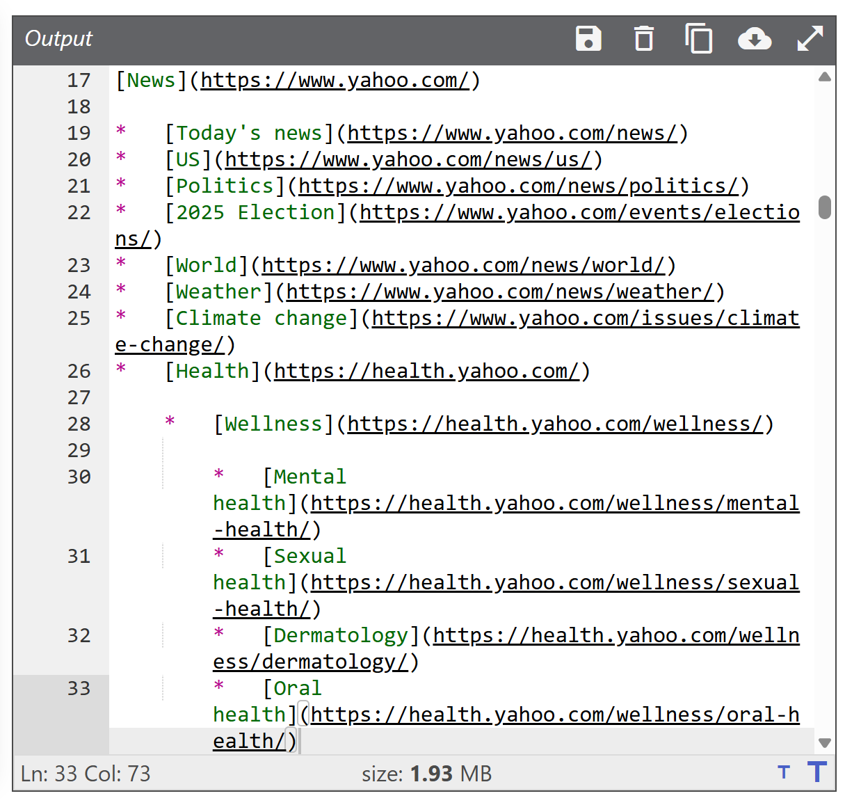 The conversion of the <header> element results in a list of URLs appearing in the target Markdown