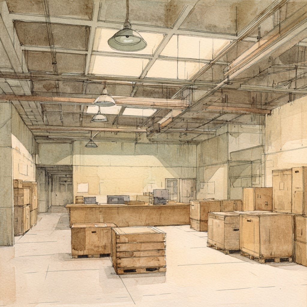 Illustration of a quiet warehouse interior with labeled prototype crates under fluorescent lights, evoking corporate disposal and restrained tension.