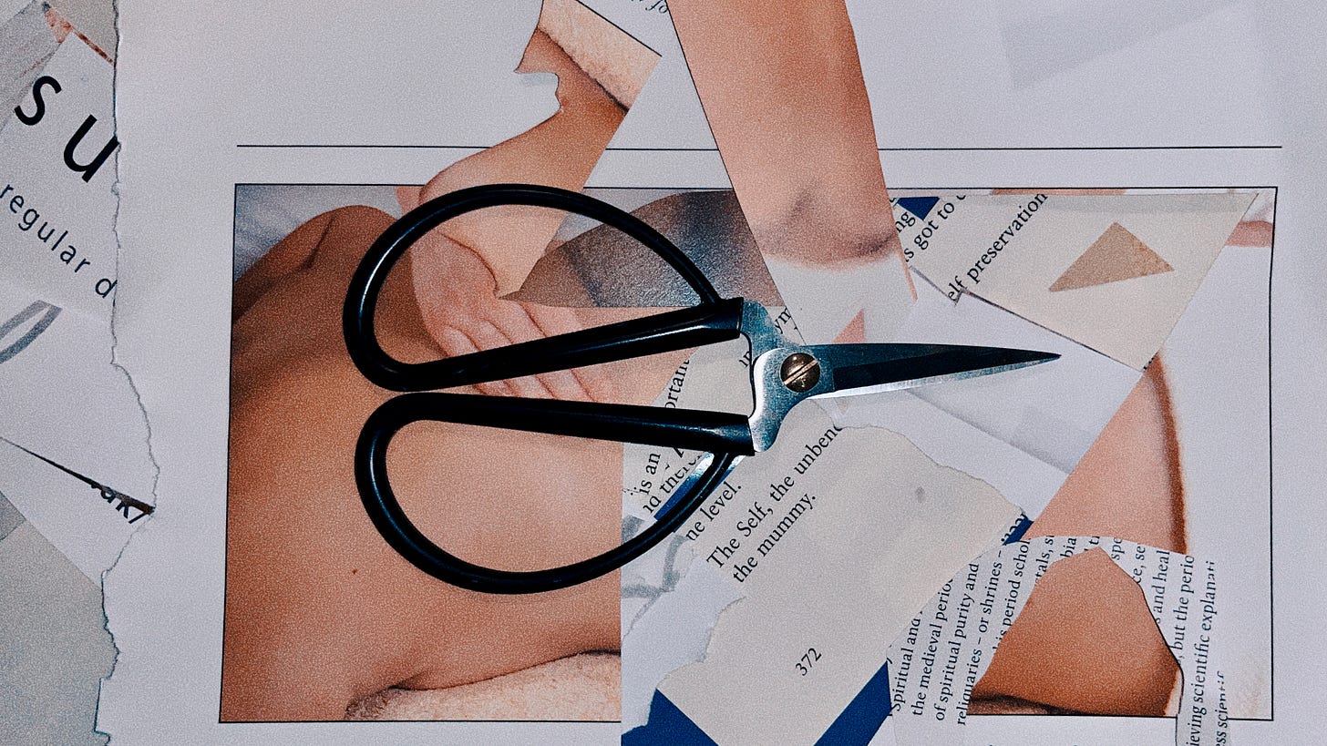 scraps of paper with images of bodies and written lines, plus a pair of scissors