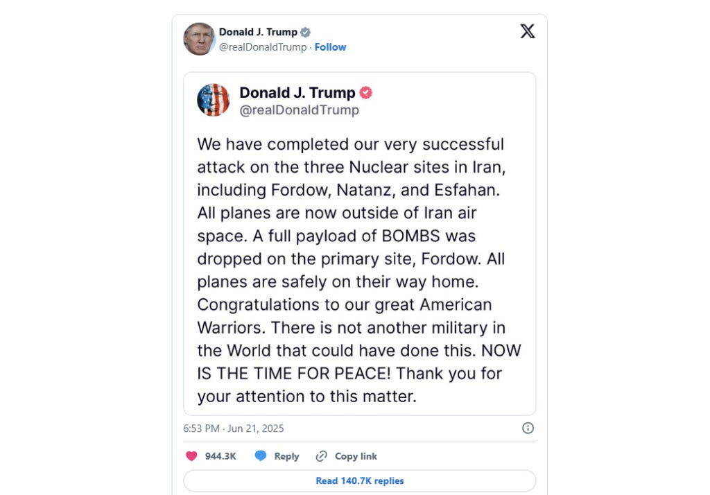 Trump tweet on US bombing of Iran.