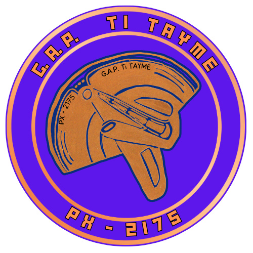 A round mission badge for the Ti Tayme arkship featuring a stylized three-pronged spacecraft in orange-gold tones against a vivid violet field. The words "G.A.P. TI TAYME" and "PX - 2175" encircle the badge.