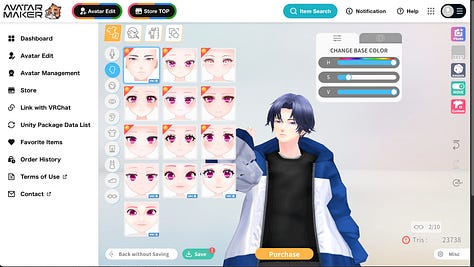 These are images of HIKKY's Avatar Maker as ArmaniXR used it and explored various steps in the creation process.