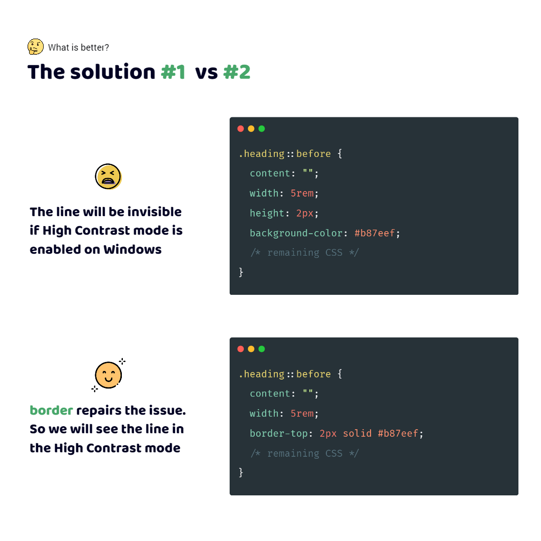 A wrong code. I use the background-color to make the visual line. A correct code. I use the border