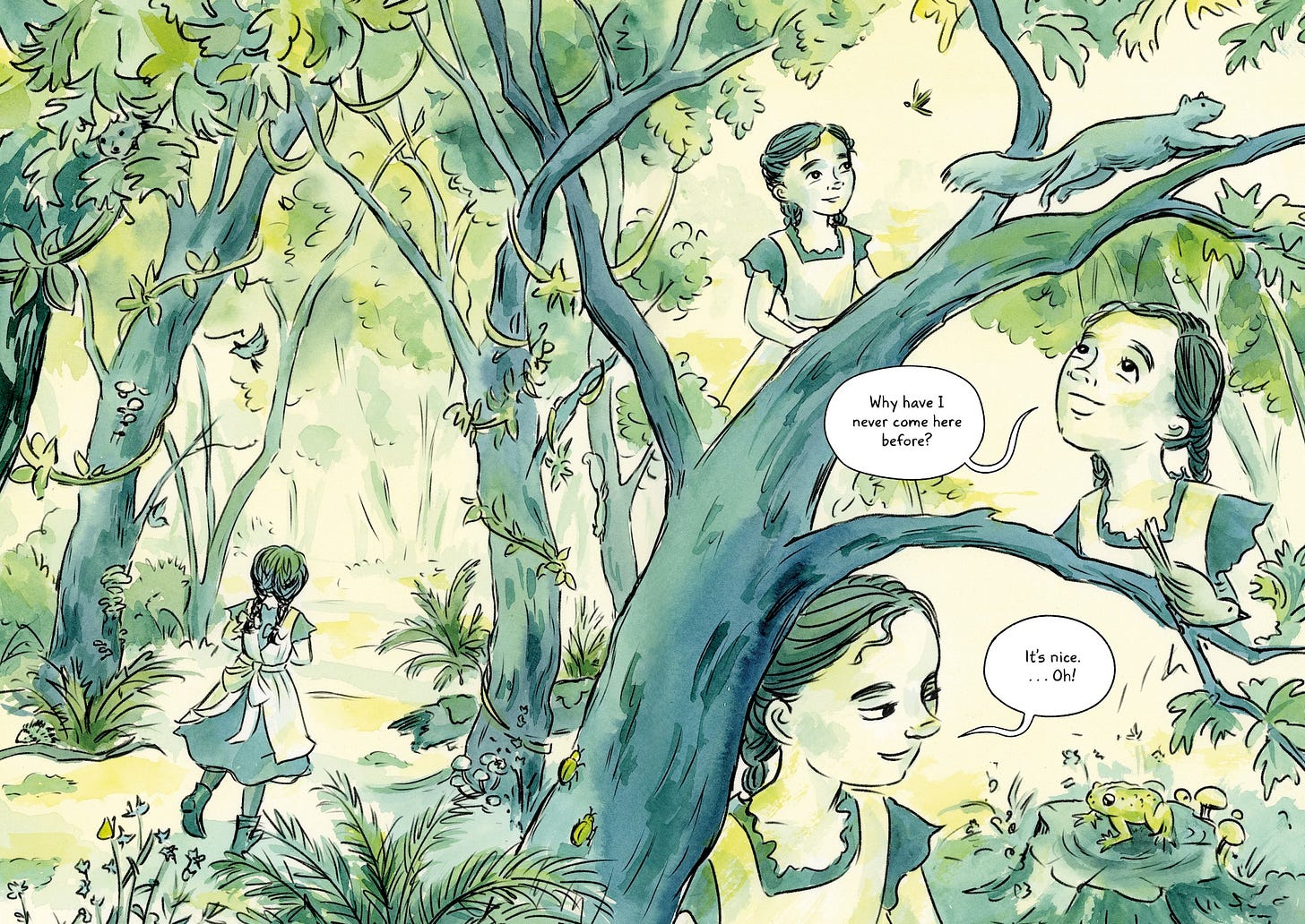 Vibrant green watercolor page spread from K. Woodman-Maynard’s Tuck Everlasting: The Graphic Novel. It shows a young girl, Winnie Foster, walking through the woods. Vibrant green watercolor page spread from K. Woodman-Maynard’s Tuck Everlasting: The Graphic Novel. It shows a young girl, Winnie Foster, walking through the woods.