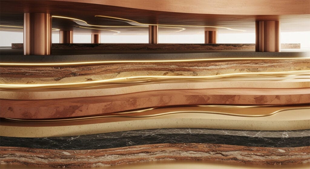 Abstract architectural visualization of layered foundation structures in copper, bronze, stone, and marble with gold channels flowing between strata—representing insurance as hidden economic infrastructure