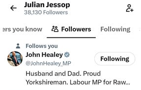 The image shows a social media profile for Julian Jessop, displaying his number of followers and a brief mention of his personal and political details.

AI-generated content may be incorrect.