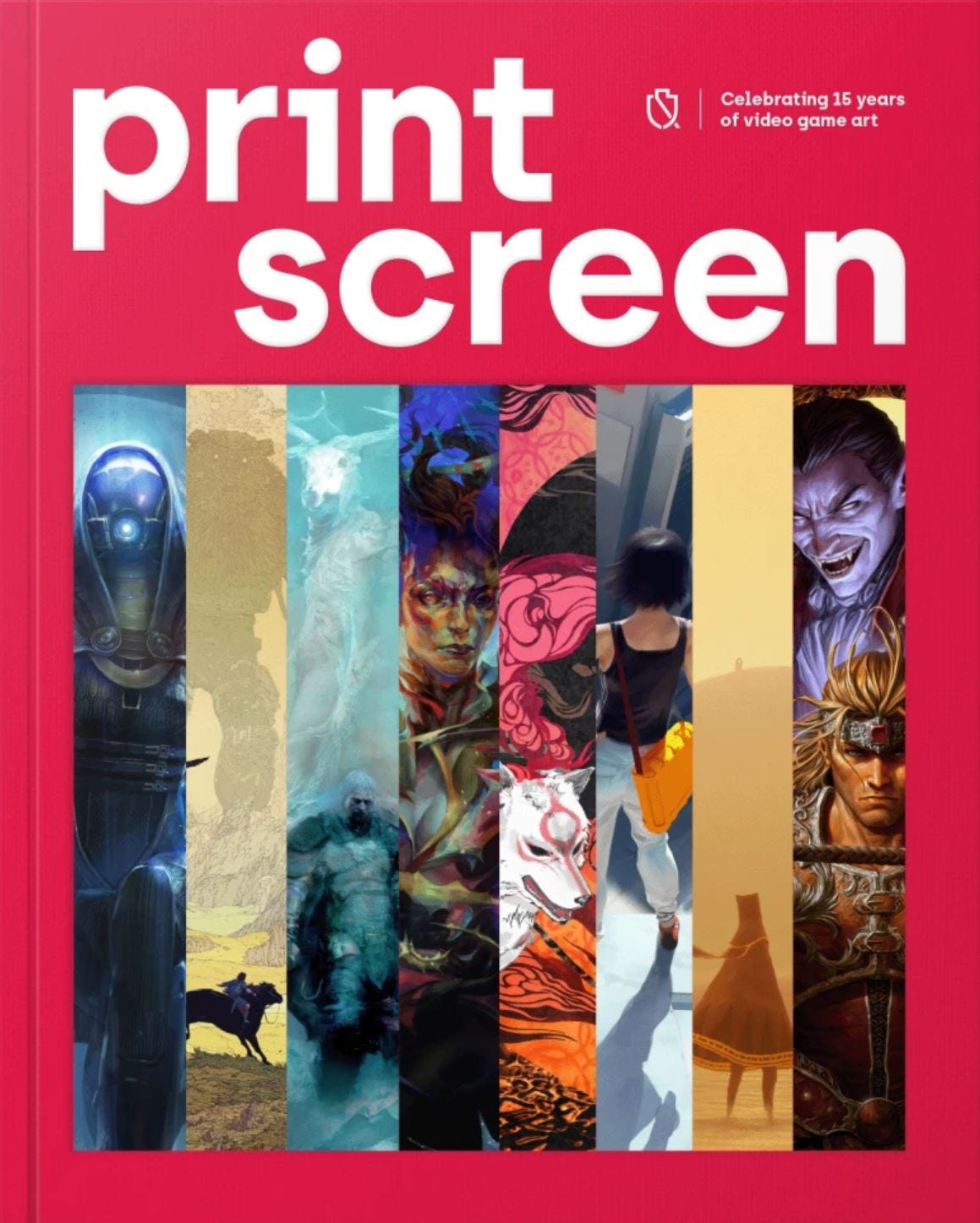 Cover of Print Screen: Celebrating 15 Years of Video Game Art featuring a bold red background with white text and a vertical collage of iconic video game artwork. The strip includes stylized illustrations from games like Mass Effect, Shadow of the Colossus, Dark Souls, Ōkami, Journey, and others, showcasing a diverse range of visual styles from across gaming history. Cover of Print Screen: Celebrating 15 Years of Video Game Art featuring a bold red background with white text and a vertical collage of iconic video game artwork. The strip includes stylized illustrations from games like Mass Effect, Shadow of the Colossus, Dark Souls, Ōkami, Journey, and others, showcasing a diverse range of visual styles from across gaming history.