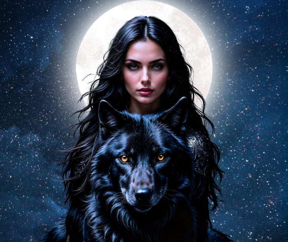 Sovereignty of a woman and wolf in the moonlight