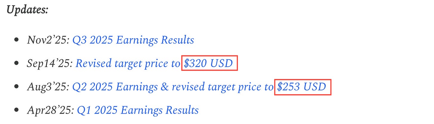 Beating The Tide stock thesis update timeline showing earnings result updates and revised price targets, including raising the target price to $253 USD and later to $320 USD in 2025