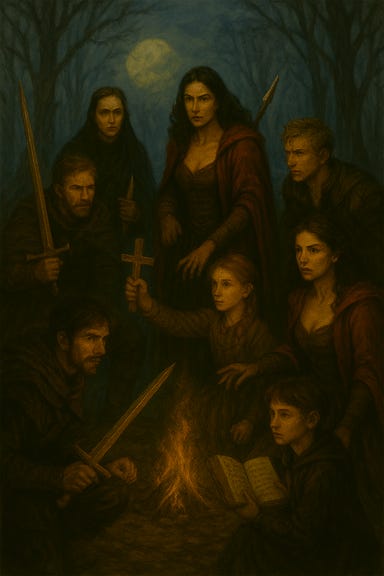 A dark fantasy image of the adventuring party preparing for a dangerous confrontation in the forest. Fleetwood, Clarion, Felonious, Greegan, Ireena, Arabelle, and Ezmerelda gather in a misty clearing at dusk. They check weapons, tighten armor straps, study maps, and exchange determined looks. No enemies are visible. The atmosphere is tense but non‑violent, with moonlight filtering through twisted pines and fog curling around their boots. The focus is on readiness, unity, and resolve.