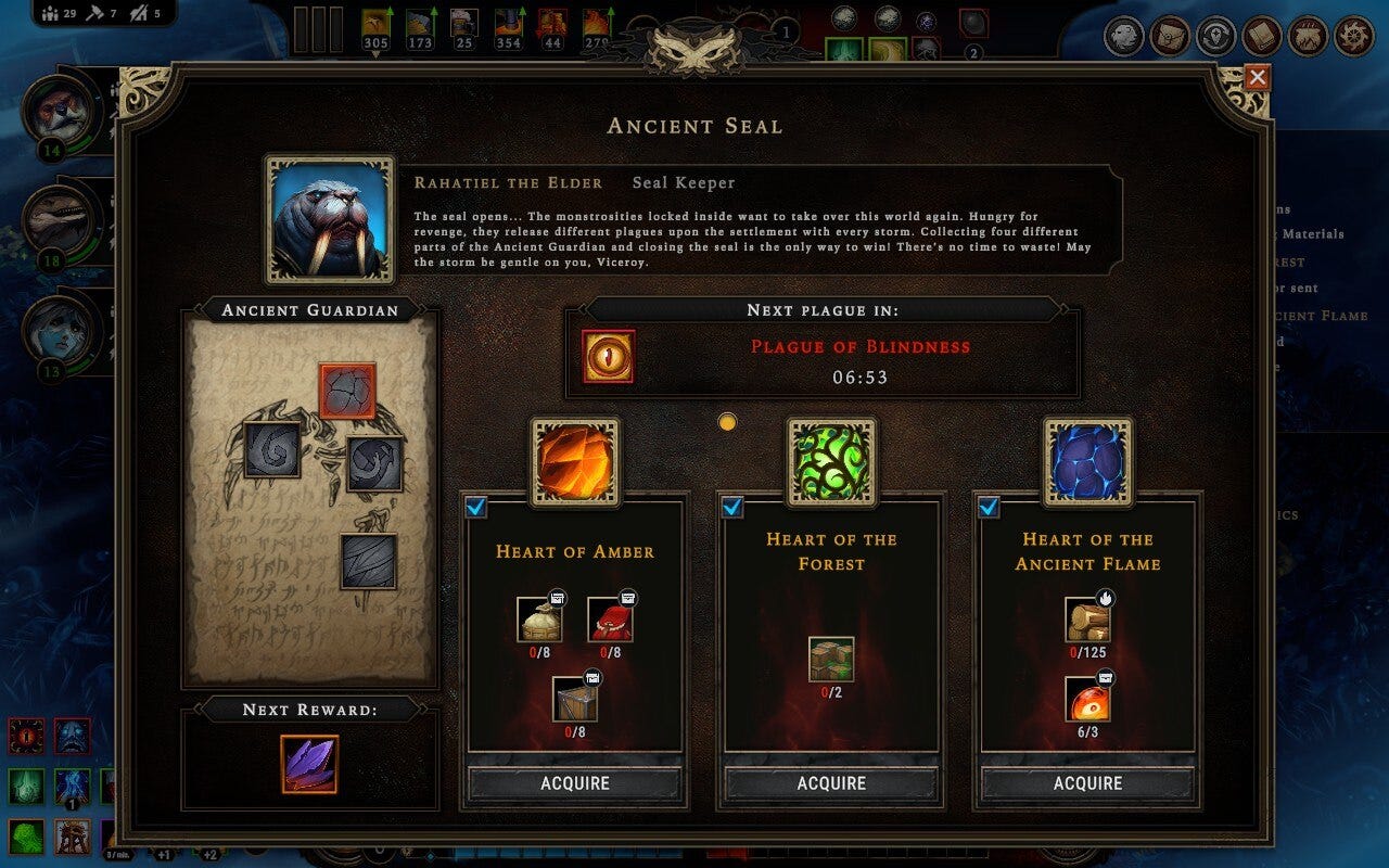 Ancient Seal menu. Choose between three ways to repair the seal, all of which require delivering different resources.