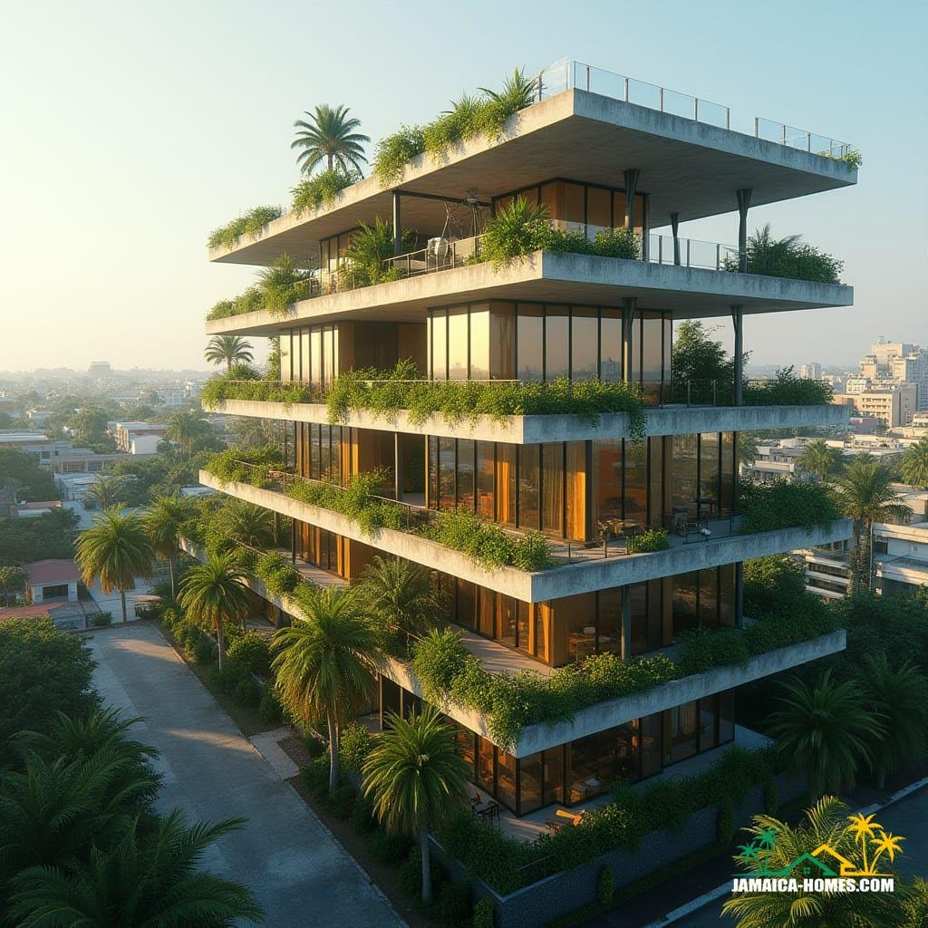 Modern micro-apartment building in urban Kingston, Jamaica, 250-400 sq. ft steel and concrete modules stacked vertically, large glass windows, units angled for private terraces, rooftop gardens with tropical plants, solar panels, vibrant Caribbean colors, warm sunlight, urban skyline, inspired by the minimalistic architecture of Tadao Ando, the modernism of Le Corbusier, and the tropical style of Olalekan Jeyifous, cinematic lighting, realistic, highly detailed, 35mm film aesthetic with film grain and vignette.