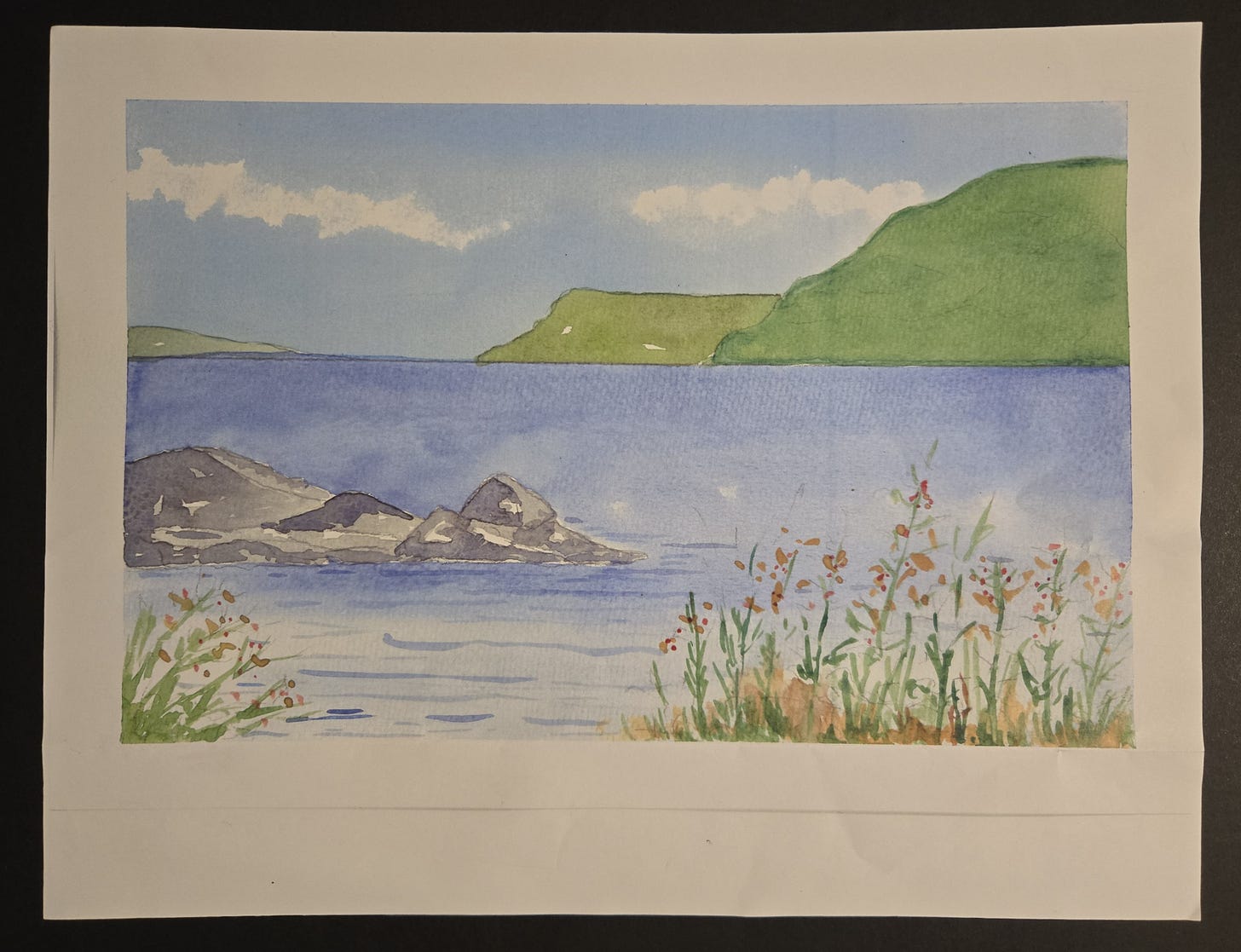 Watercolor landscape of a lake with rocky shoreline, distant green hills, and wildflowers in the foreground.