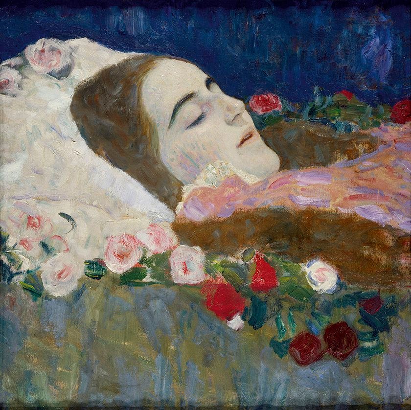 Painting by Gustav Klimt of a young woman lying among flowers