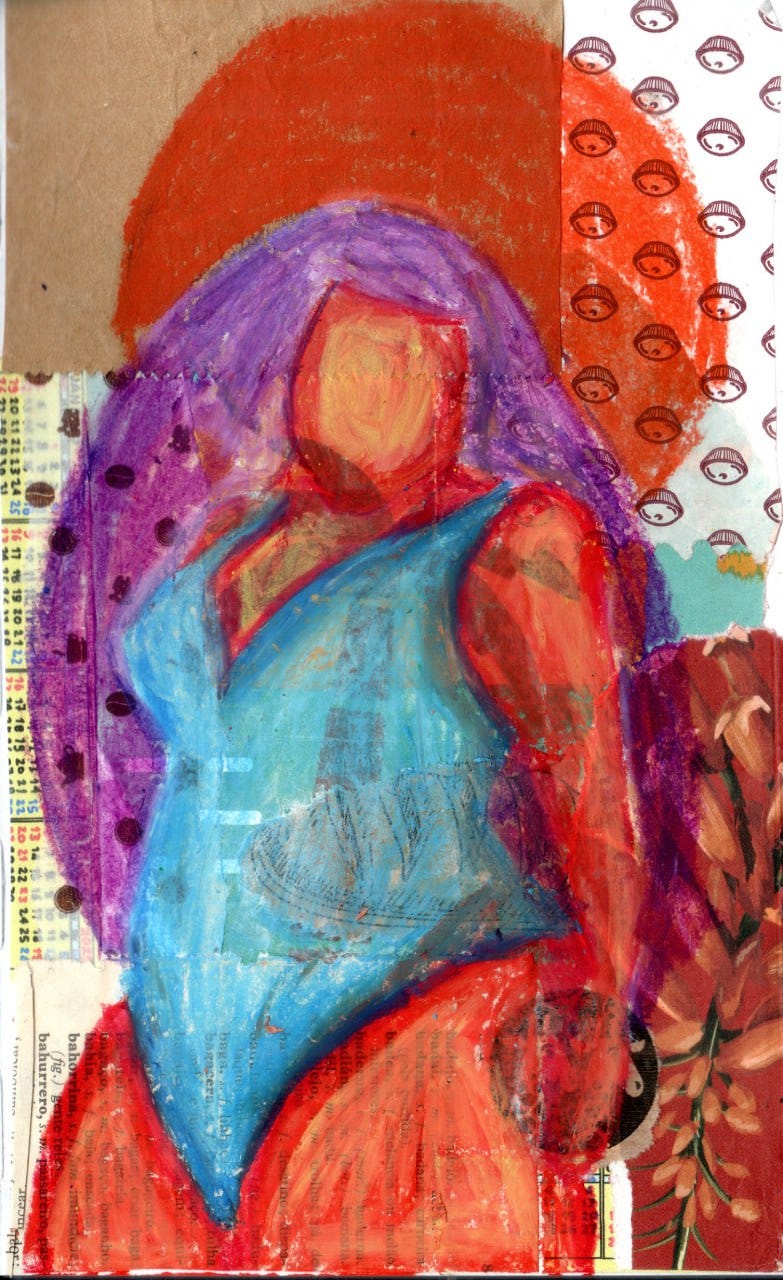 A imagem mostra uma obra de arte caracterizada pelo uso vibrante de cores e formas abstratas.  A pintura retrata uma figura humana estilizada com cabelo roxo e um maiô azul. O fundo é composto por texturas e padrões em tons de laranja, vermelho e branco. A obra utiliza técnicas mistas que combinam pintura a giz oleoso na figura central e colagem nas texturas do fundo.
