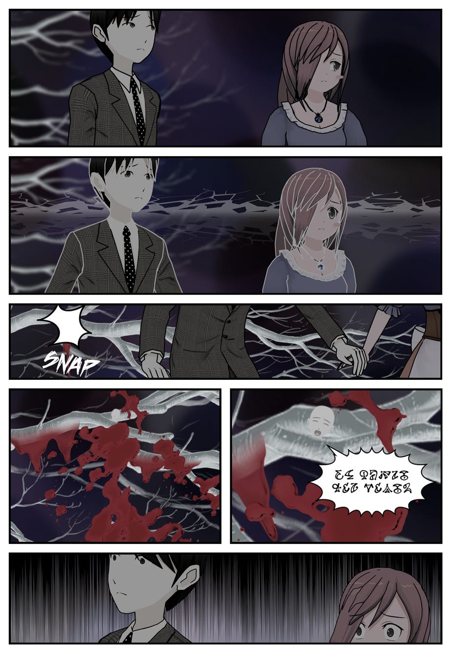 Ace and Vana grow uneasy with the strange energy in the air. Ace backs up against a tree branch, which snaps and screams, gushing out red liquid.