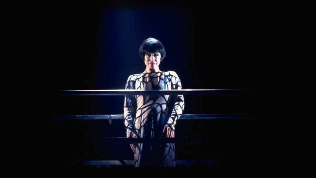 Chita Rivera as Aurora in the original Broadway production of Kiss of the Spider Woman. She stands in a spotlight behind prison bars, wearing a black-and-white costume patterned like a spider’s web, framed by darkness.