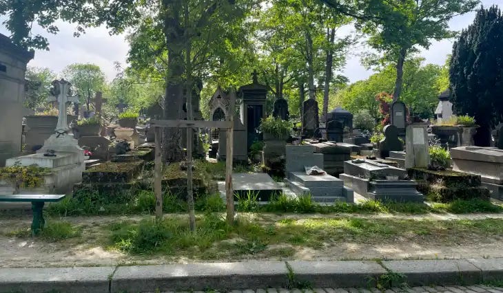 Photo of a section of Père-Lachaise cemetery showing overgrown weeds. Photo of a section of Père-Lachaise cemetery showing overgrown weeds.